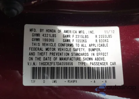 2013 Honda Accord Sport z USA, uszkodzony, nr VIN 1HGCR2F57DA059856